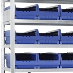 Small parts shelving 2100x1000x500, 32 bins 500x230x150 PPS +16 dividers