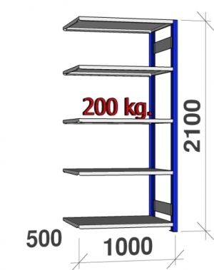 Pientavarahylly jatko-osa 2100x1000x500 200kg/hyllytaso,5 tasoa, sininen/Zn