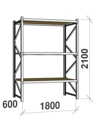 Metallihylly perusosa 2100x1800x600 480kg/taso,3 tasoa lastulevyllä käytetty