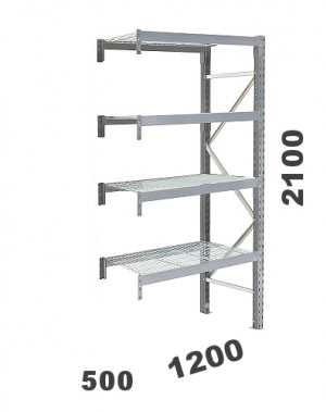 Metallihylly jatko-osa 2100x1200x500, 500kg/hyllytaso, 4 ritilatasoa