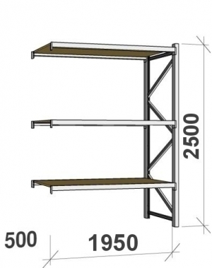 Metallihylly jatko-osa 2500x1950x500 440kg/hyllytaso,3 tasoa lastulevytasoilla