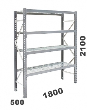 Metallihylly perusosa 2100x1800x500, 480kg/hyllytaso, 4 ritilatasoa